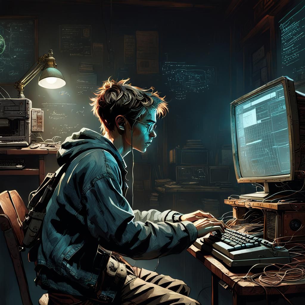 Teenager Gaming in Dark Room: Digital Illustration