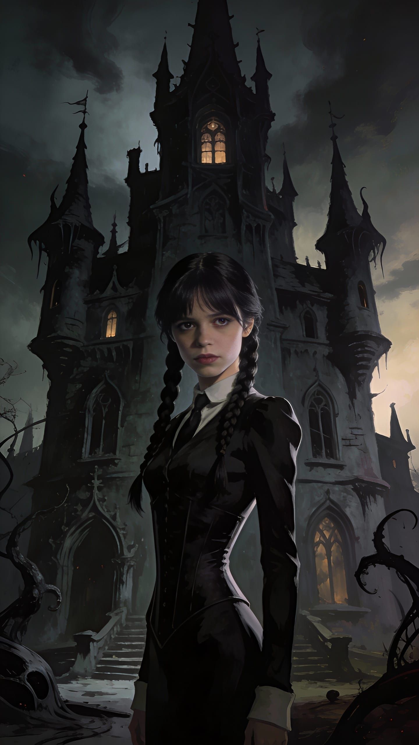 Wednesday Addams at a Dark Horror Castle