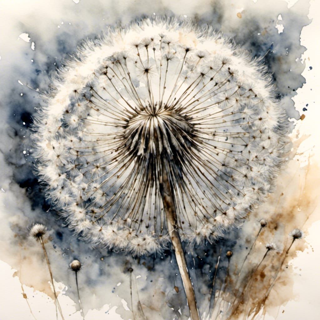 Watercolor Dandelion Seeds in Ink Wash Style