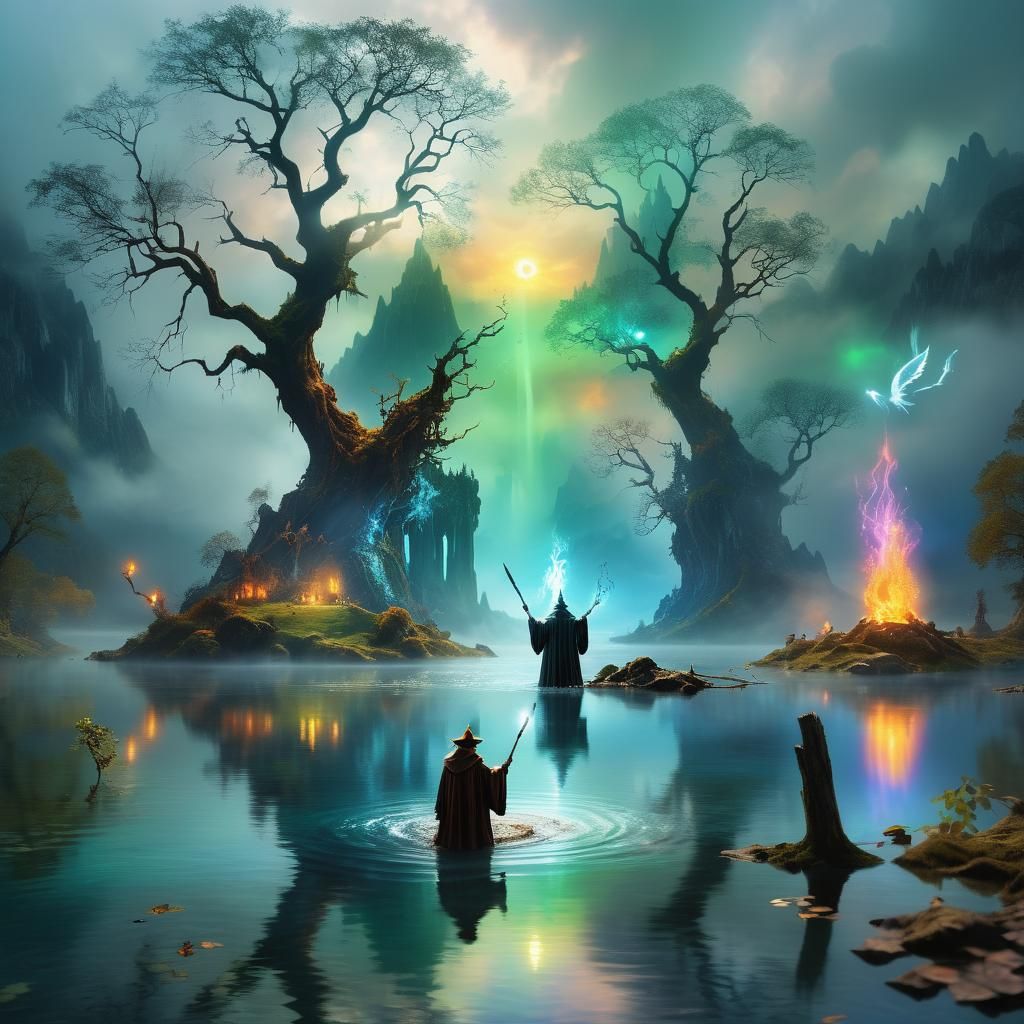 Wizard Summoning Lake Fairy in Epic Scene
