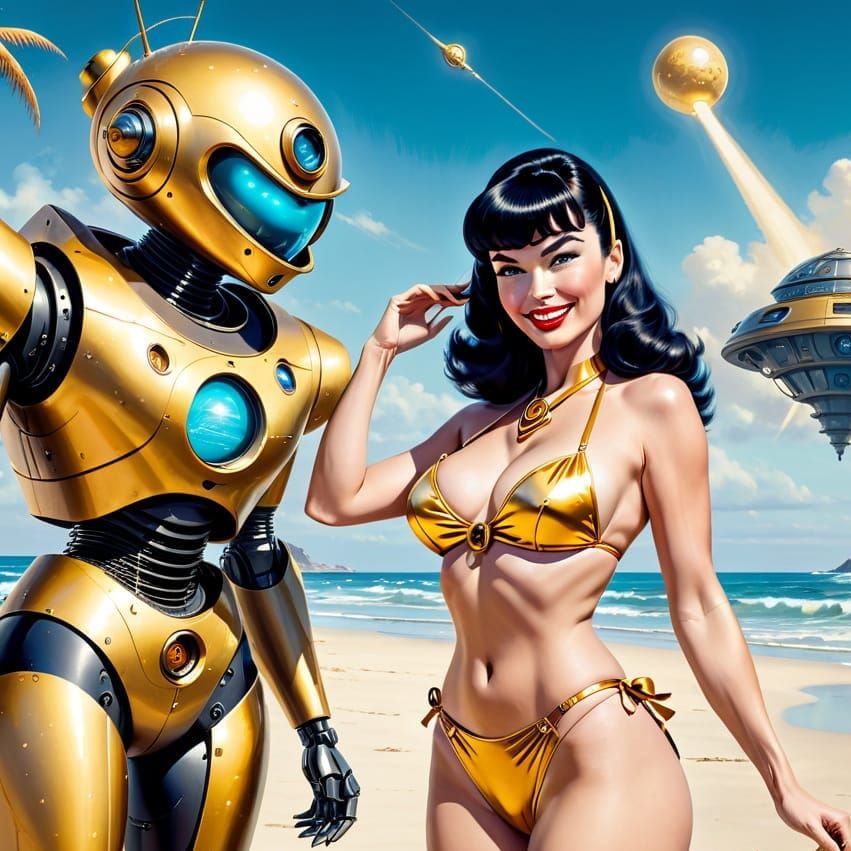 Retro Sci-Fi Beach Scene with Robot and Woman