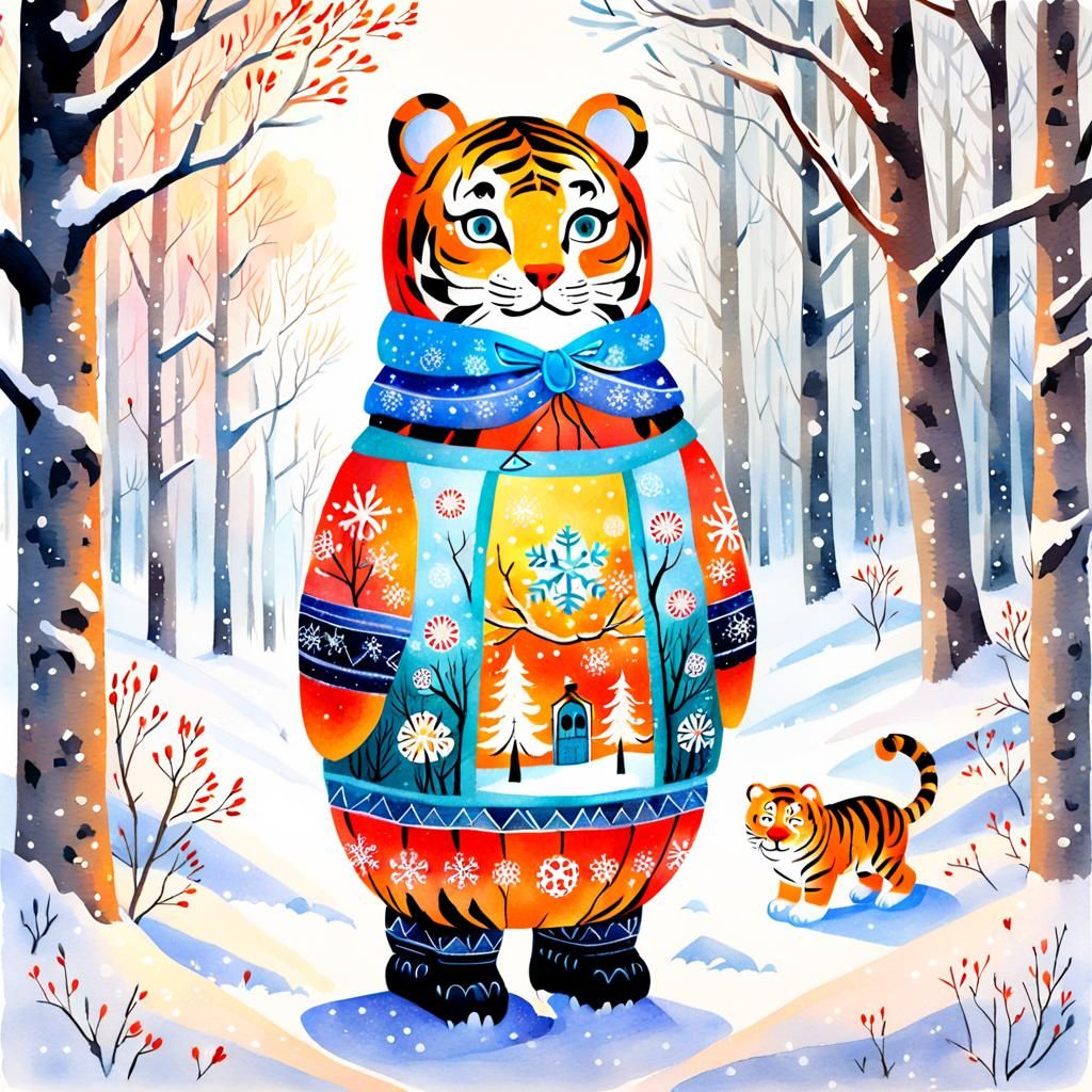 Whimsical Tiger-Matryoshka in Winter Forest: Watercolor Illu...