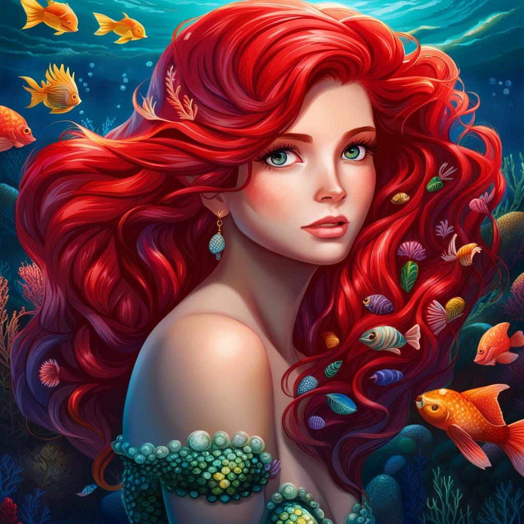 Anime Mermaid with Red Hair and Coral