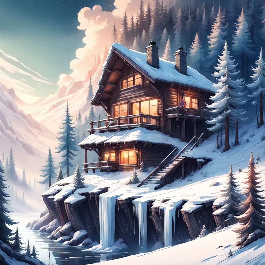 Snowy Cabin Retreat: Fantasy Gouache Concept Art
