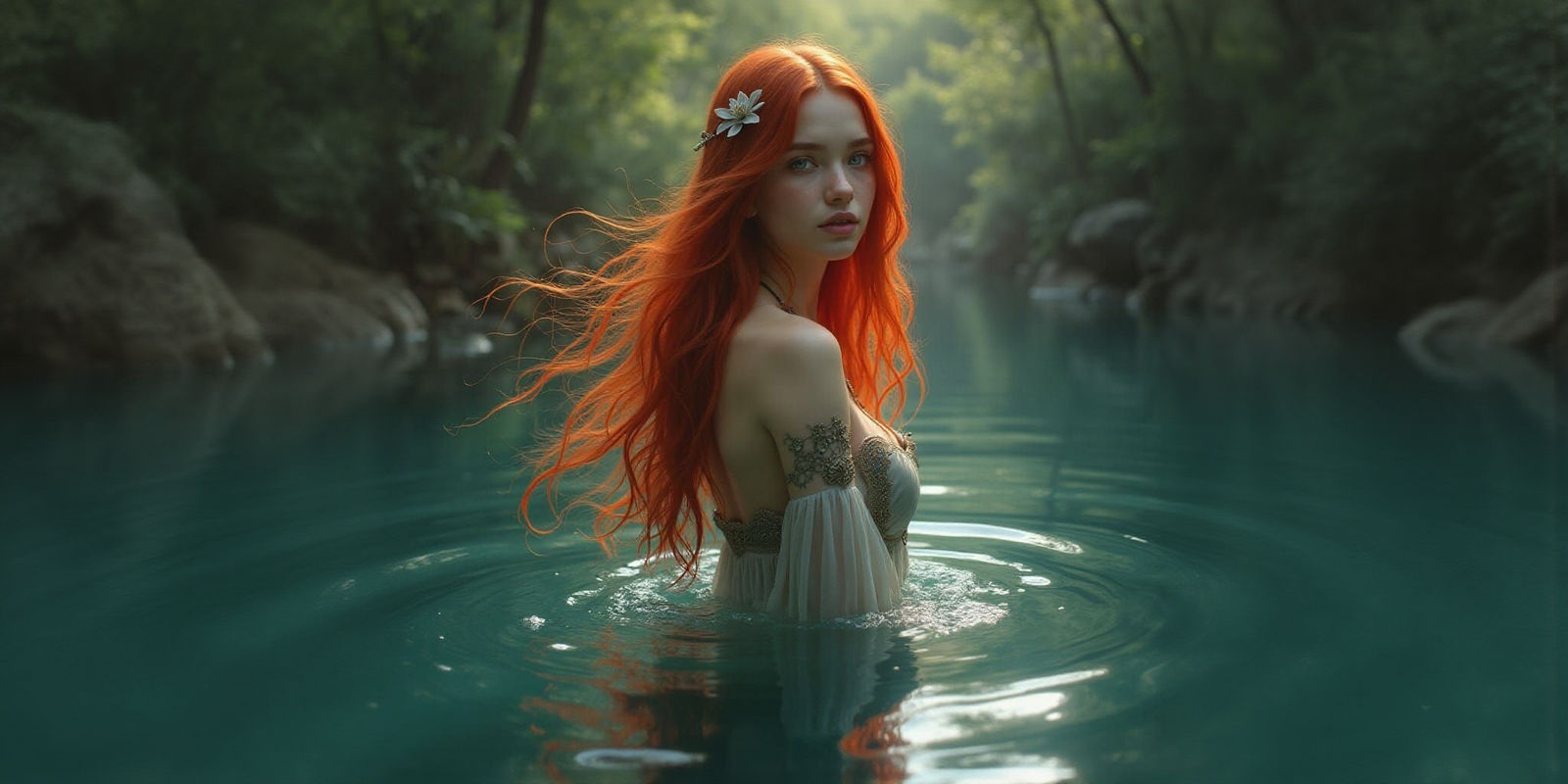 Pre-Raphaelite Goddess Rises from Mystic Waters