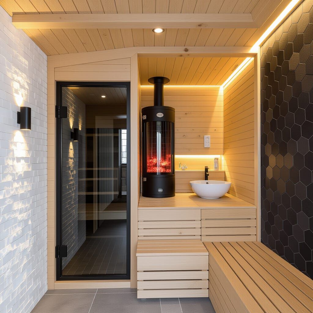 Luxurious Home Sauna with Sloped Roof and Stone Accents