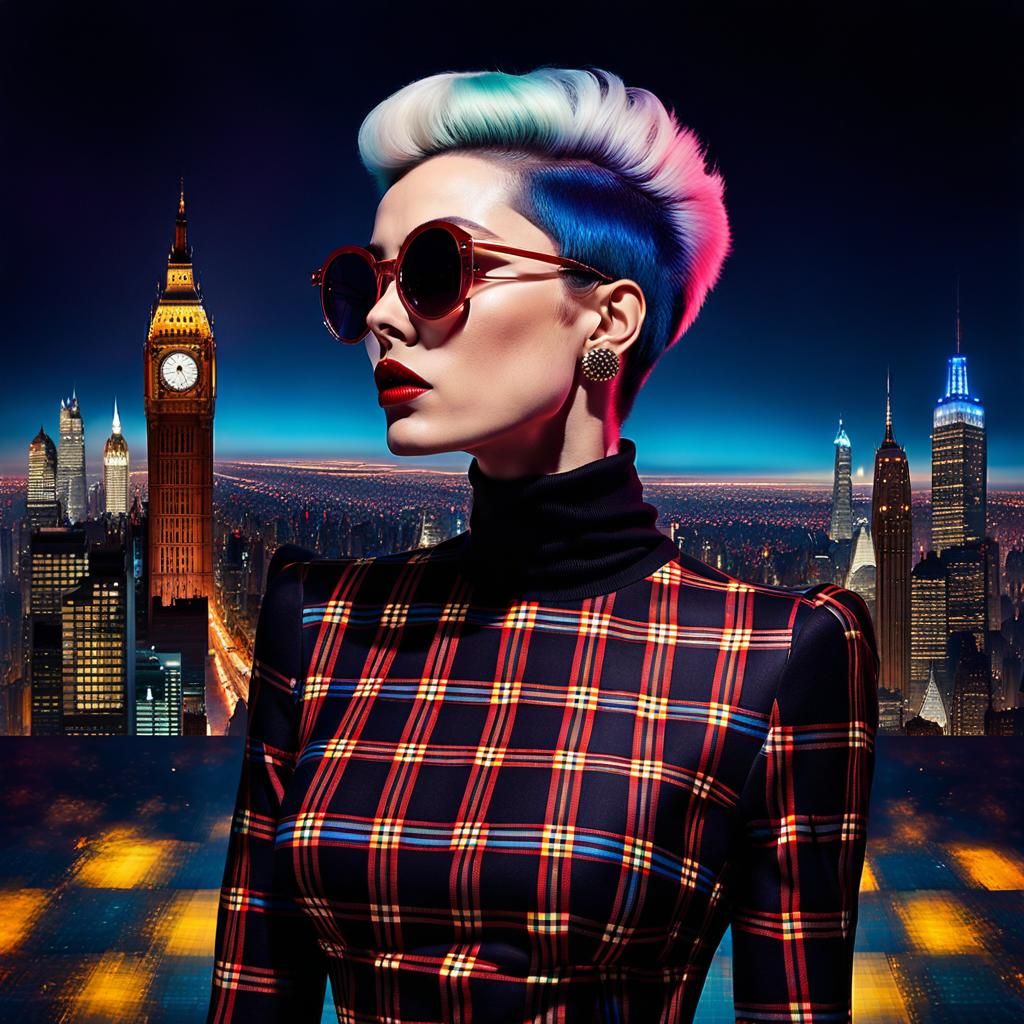 Punk Model in Plaid Dress, Dramatic Cityscape
