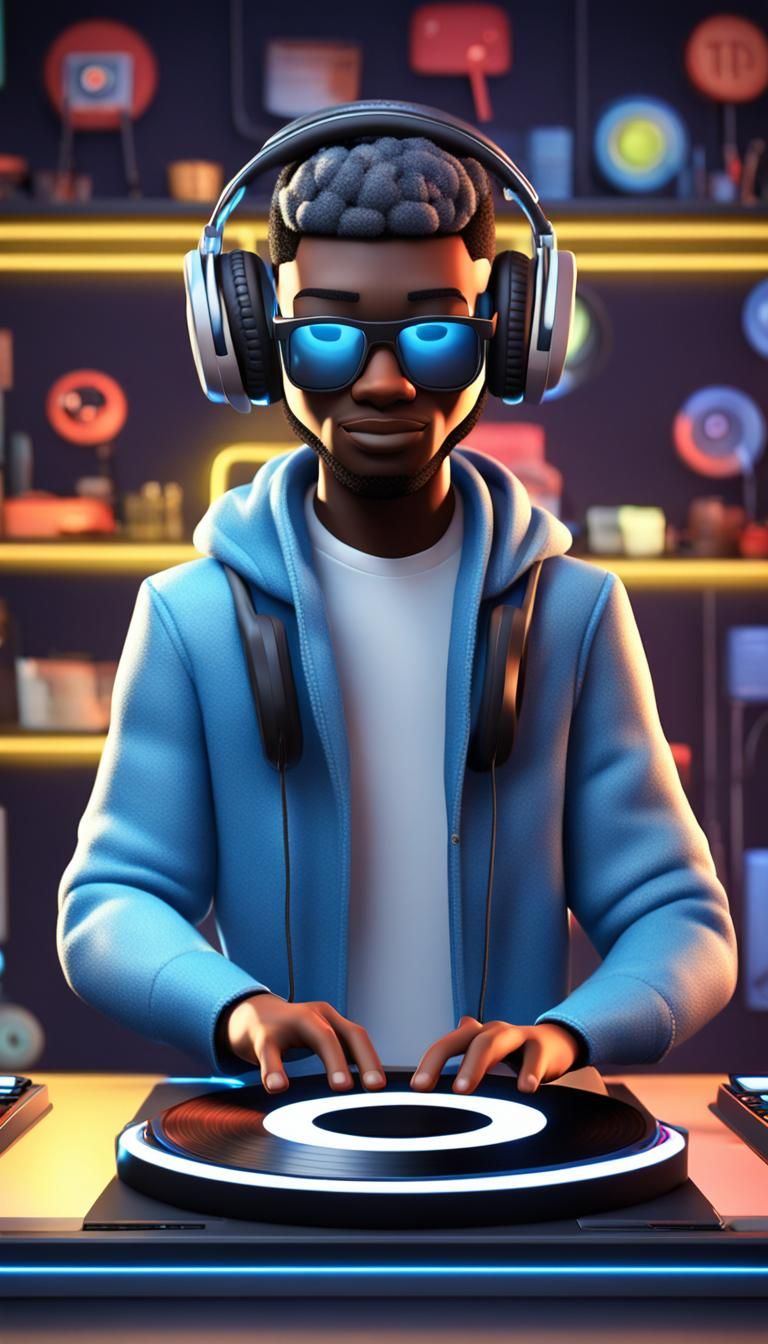 3D Internet Avatar character as a DJ in a Internet cafe