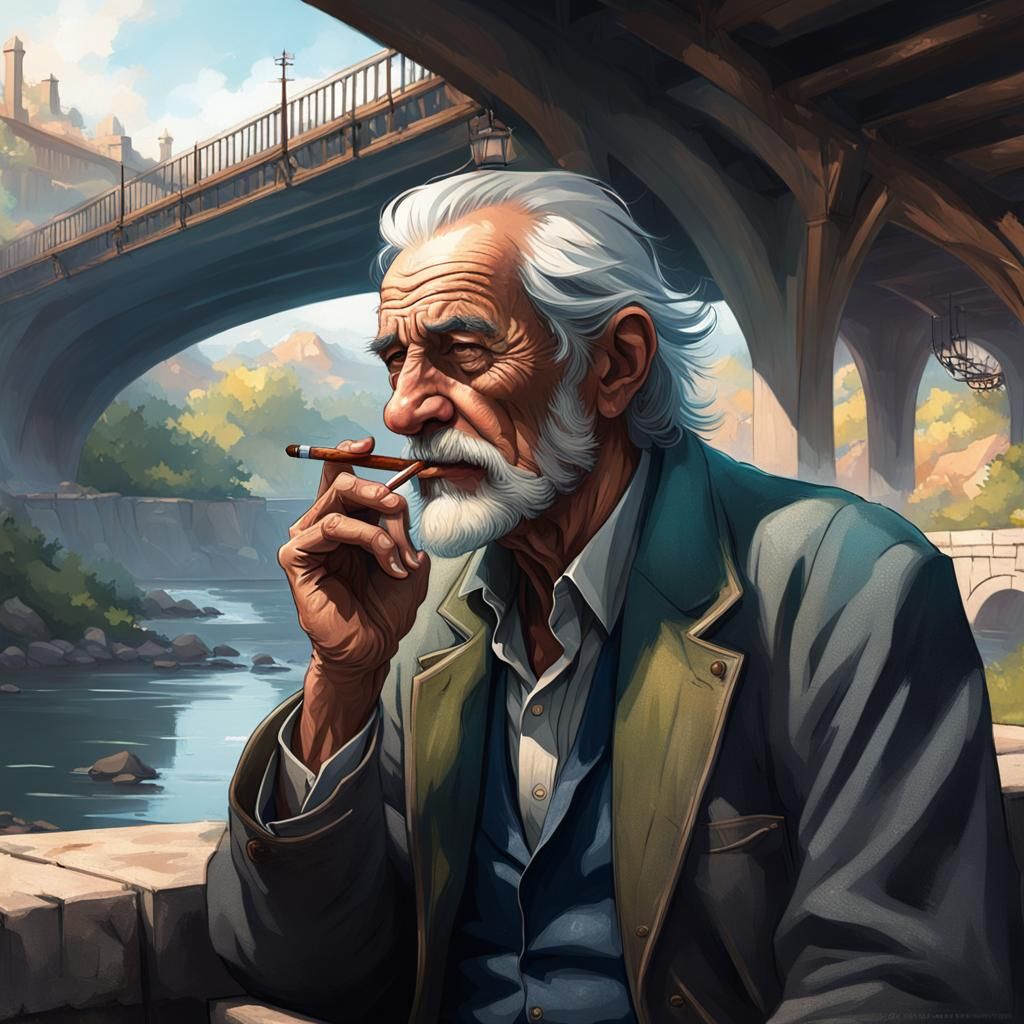 Detailed Portrait of Old Man Smoking, Artstation Style
