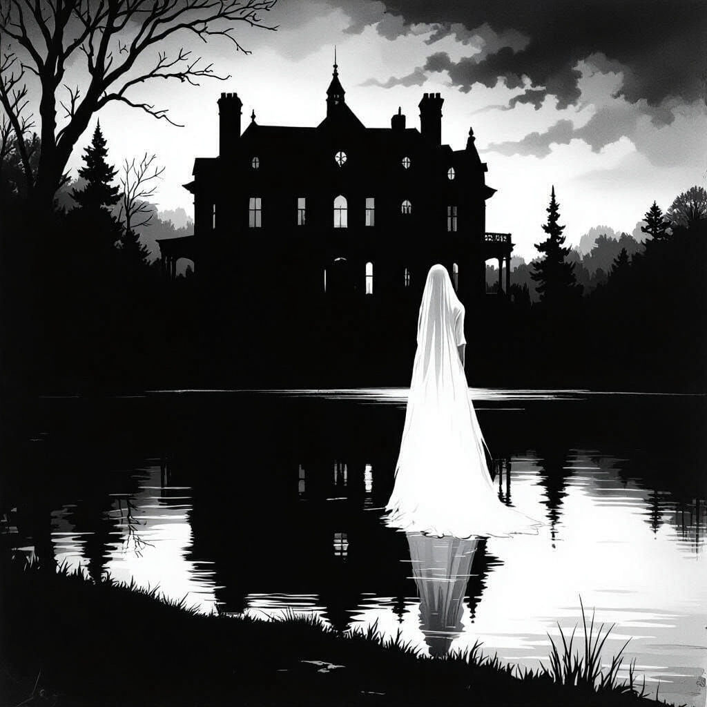 Eerie Mansion with Woman in White Dress as Oil Painting