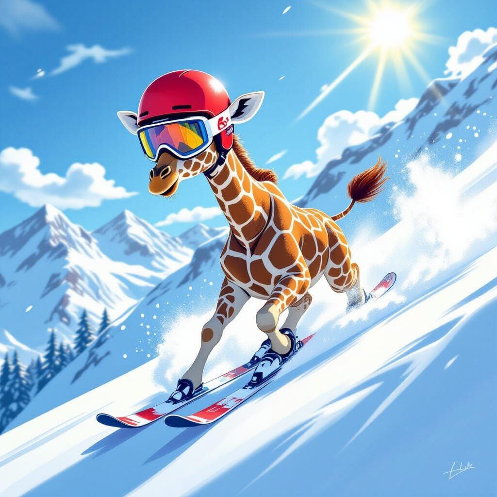 Giraffe Skiing Downhill in Vibrant Digital Painting