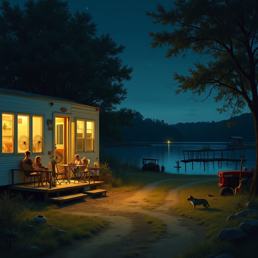 Serene Lake Property at Night with Trailer and Piers
