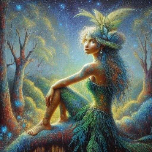 Australian Fairy in Eucalyptus Tree: Aboriginal Pointillism