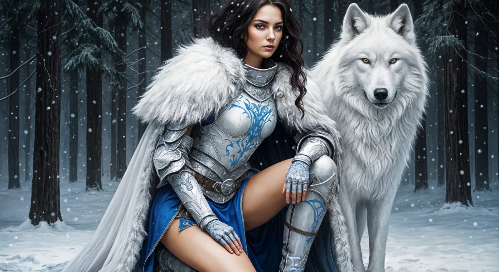 Brunette Warrior and White Wolf in Snowy Forest
