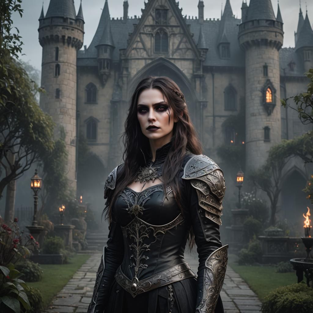 A young female long haired vampire, vilain warrior dark hero...