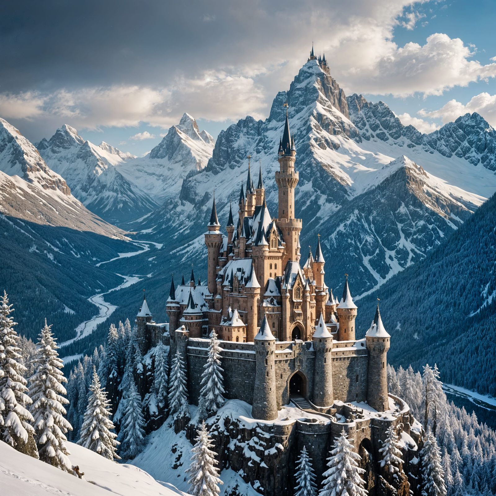 Enchanted Snowy Castle Amidst Majestic Mountains