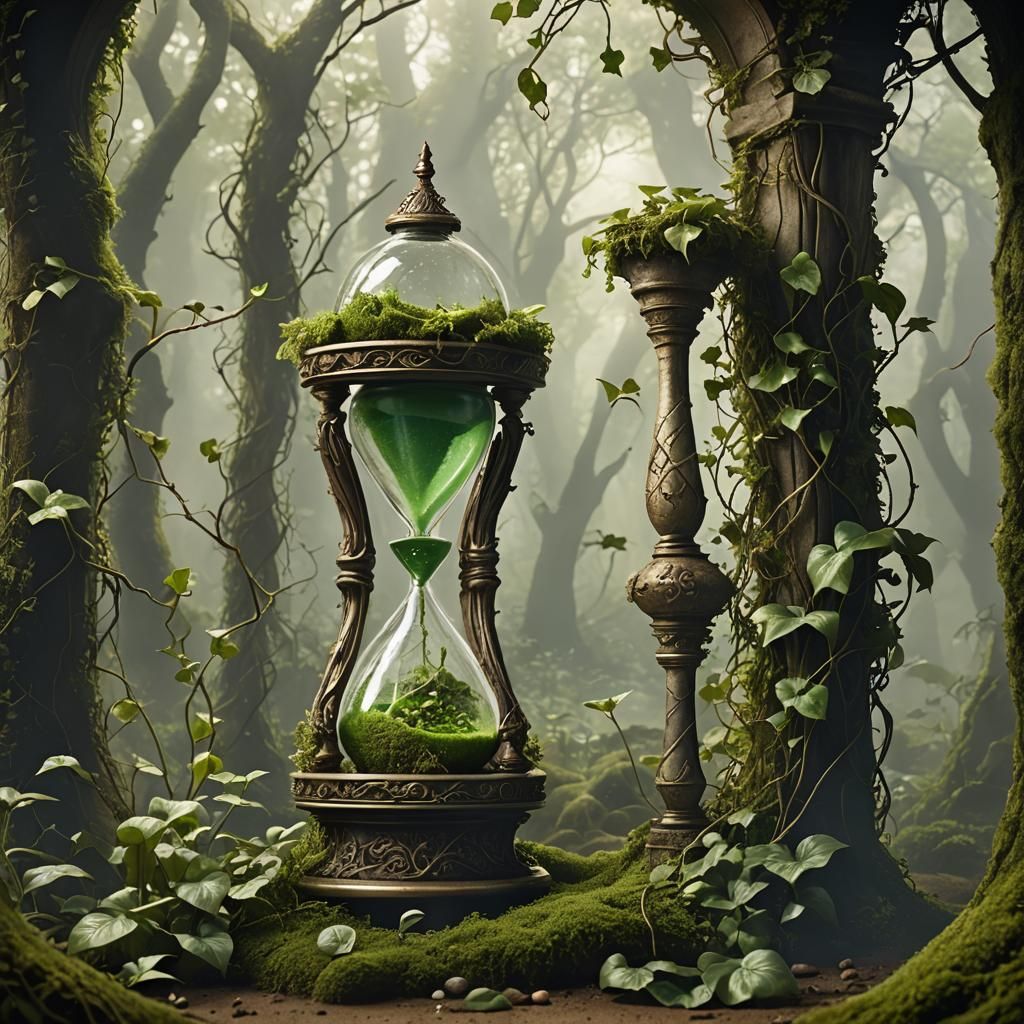 Elaborate Hourglass Overgrown with Vegetation