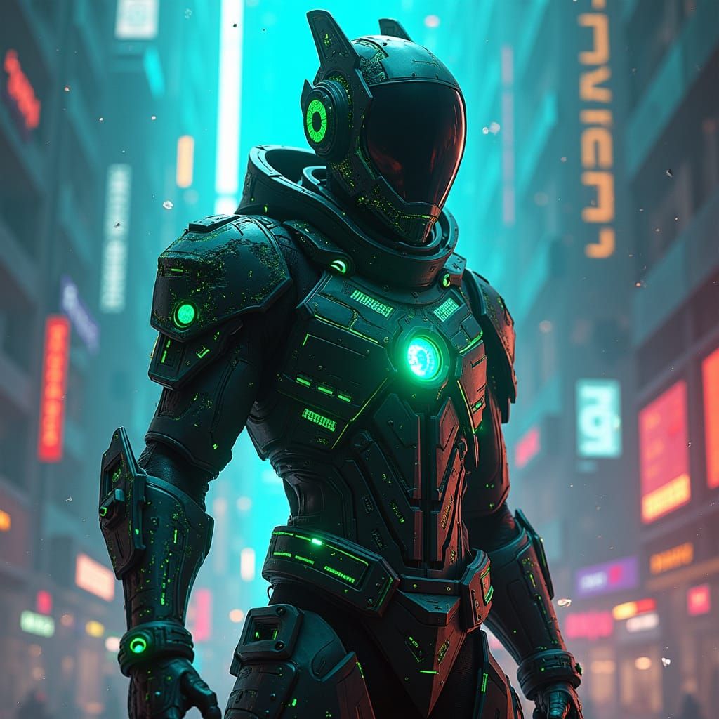 Cyber Warrior Battles Hackers in Futuristic Cityscape