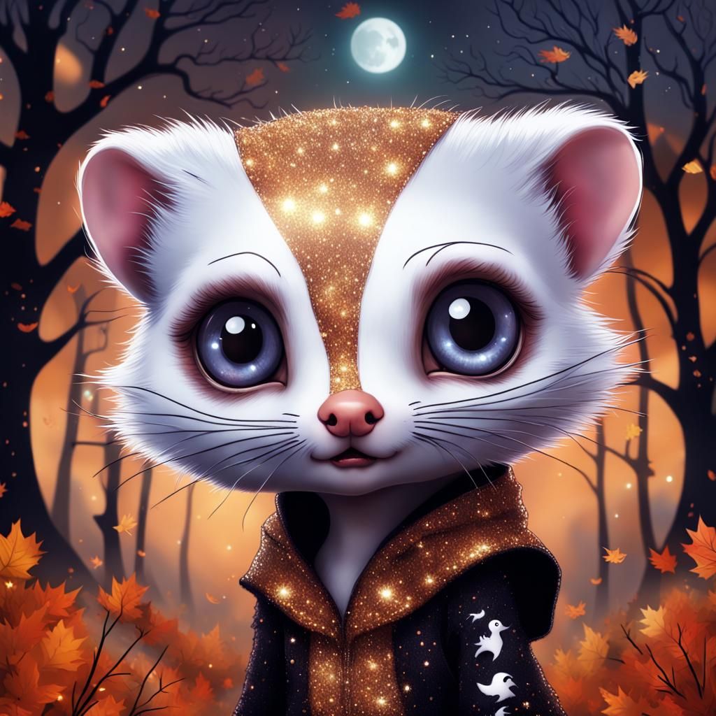 Halloween Ferret in Autumn Landscape: Glitterpunk Illustrati...