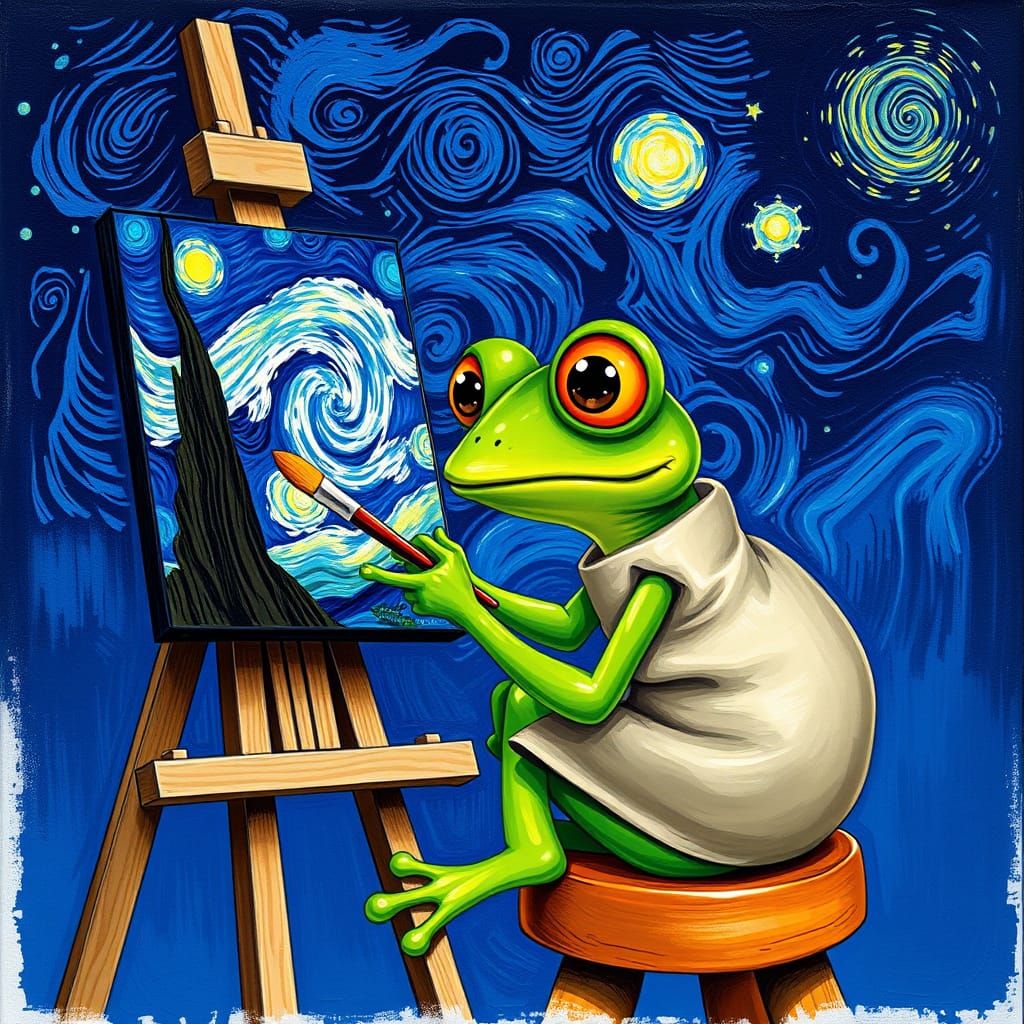 Frog Paints Miniature Starry Night in Vibrant Post-Impressio...
