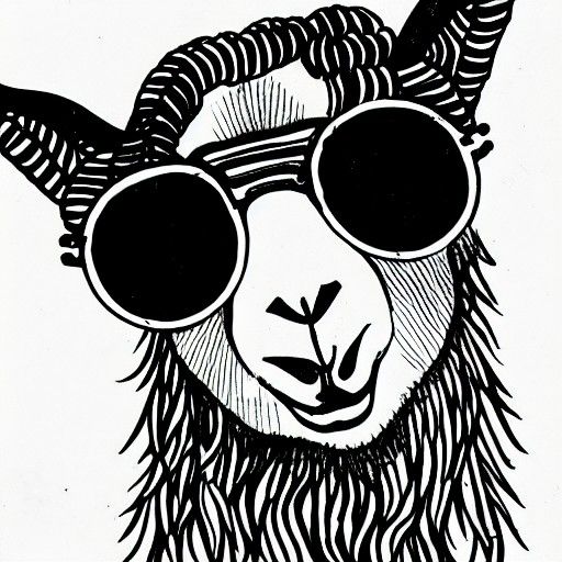 Fashionable Goat with Sunglasses Ink Drawing