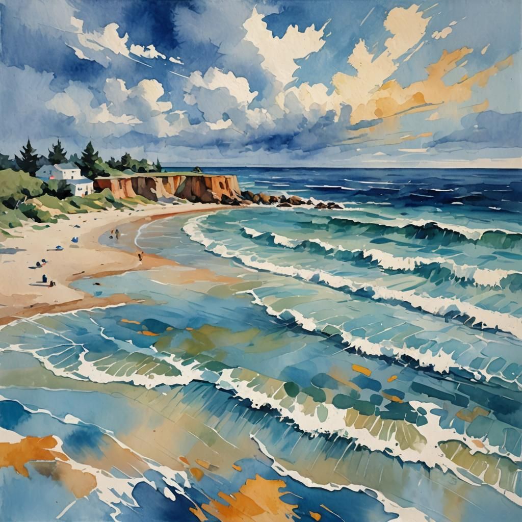 Abstract Blue Beach Gouache Watercolor Painting