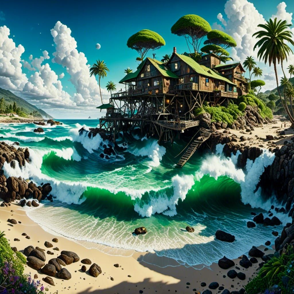 Beach Scene Oil Painting in Surrealist Style