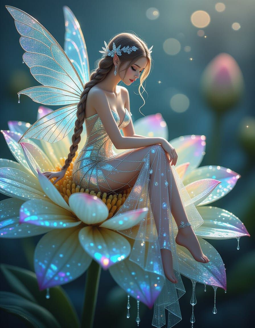 Tiny Fairy in Glass Dress on Bioluminescent Flower