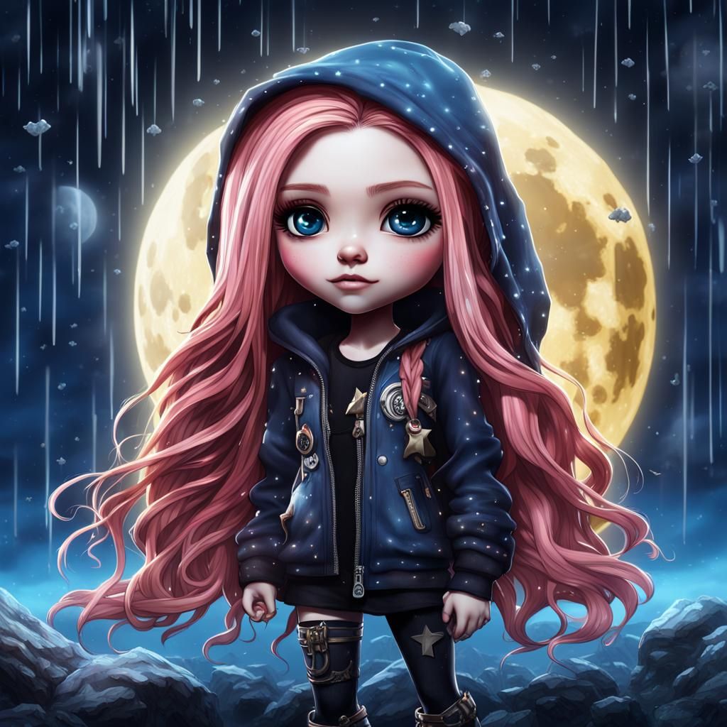 Hyperrealistic Chibi Avril Lavigne in Rainy Starry Night