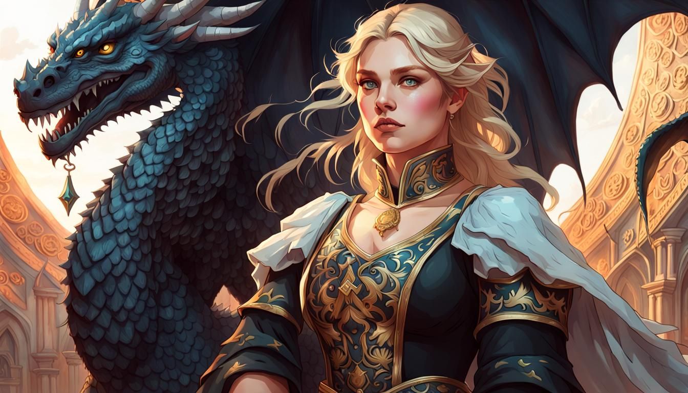 Medieval Woman and Dragon Portrait, Hyperdetailed Art