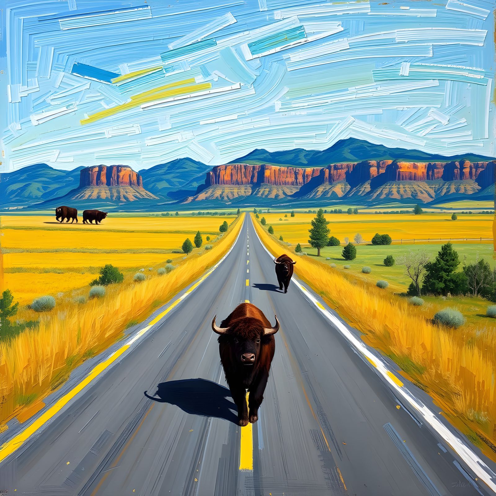 Buffalo Runs Down Rural Road: Impasto Painting