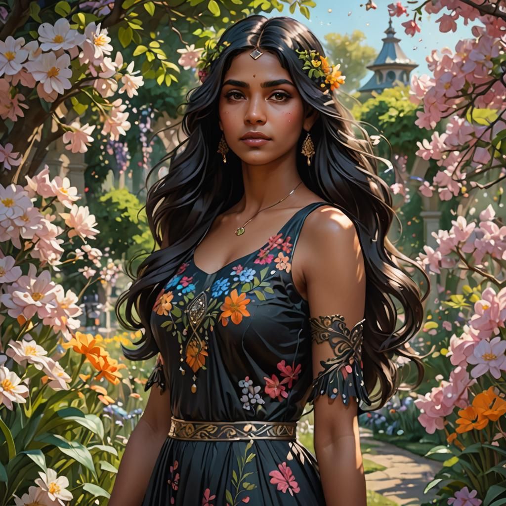 Indian Woman Portrait in Spring Garden, Hyperdetailed Art