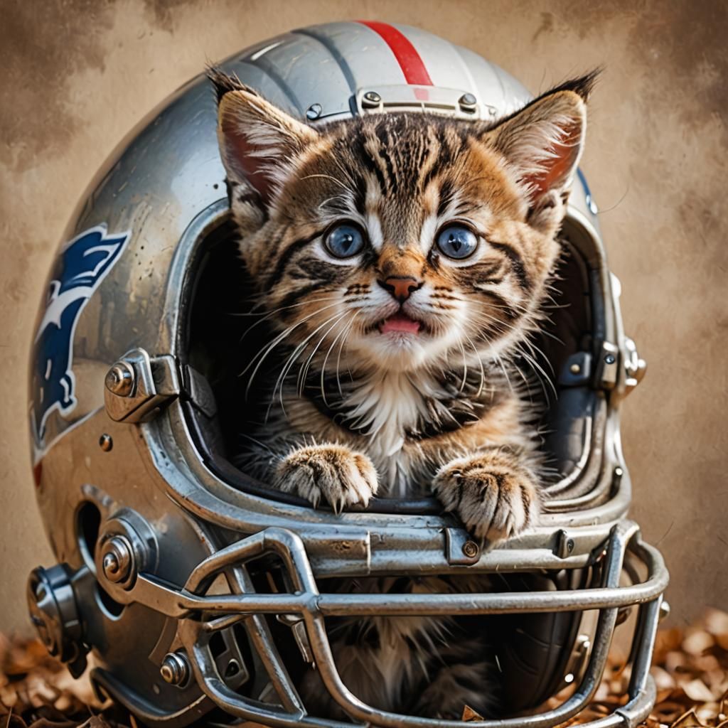 Kitten Peeks Out of Football Helmet