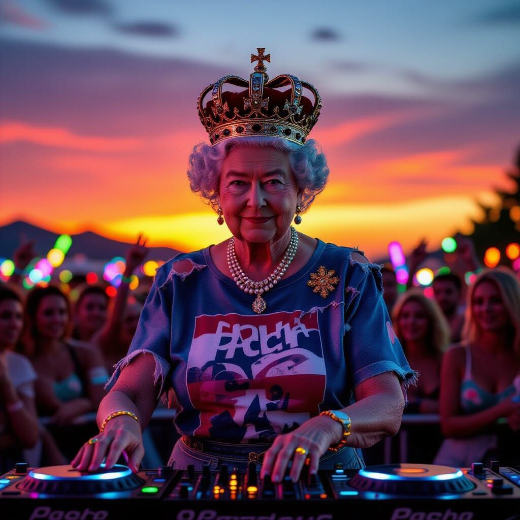 Queen Elizabeth II DJing in Ibiza, Hyperrealistic Style