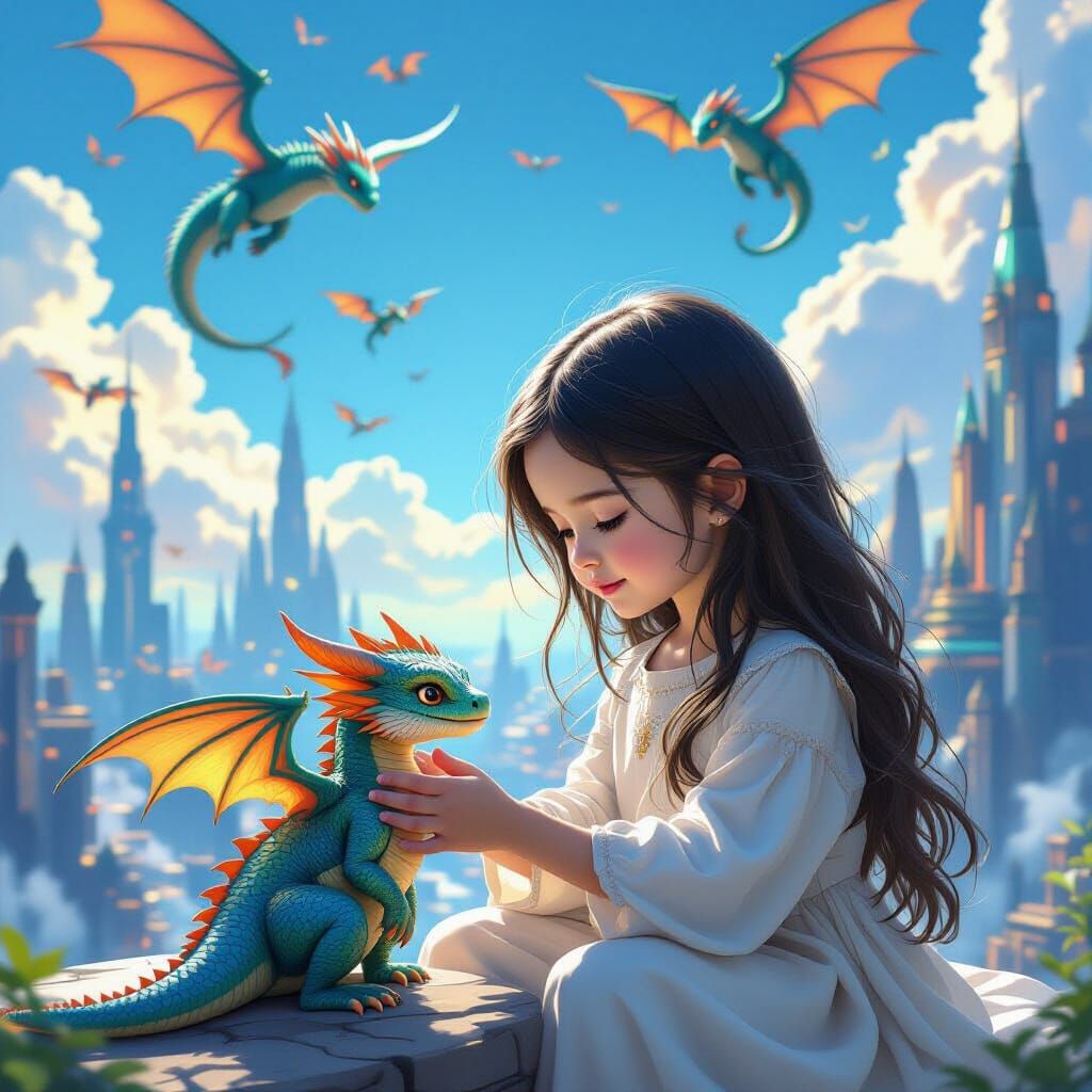 Girl and Baby Dragon Over Futuristic Cityscape