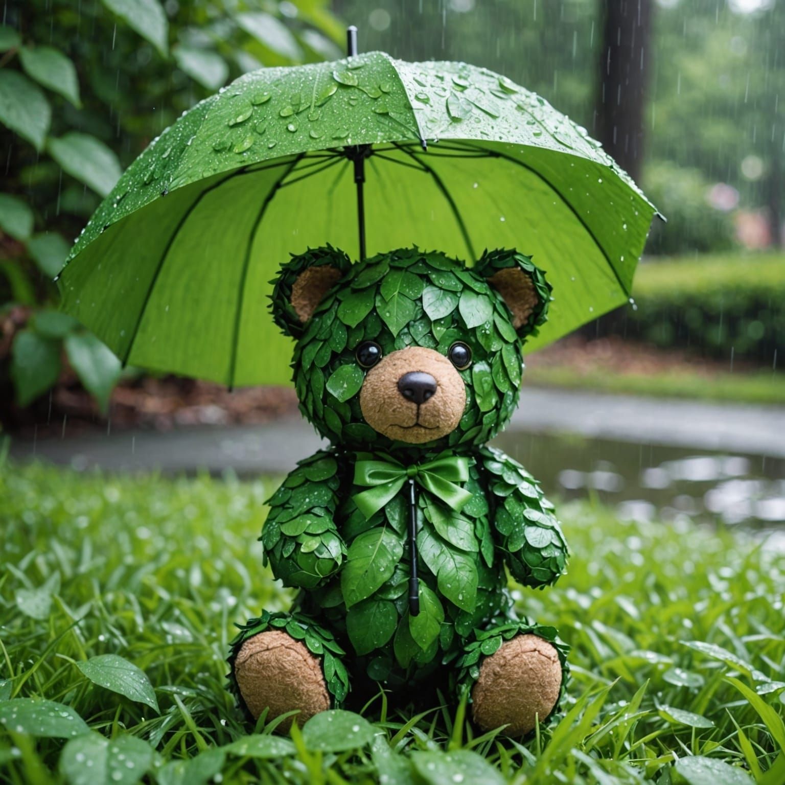 Adorable teddy bear made entirely of green leaves sitting on...