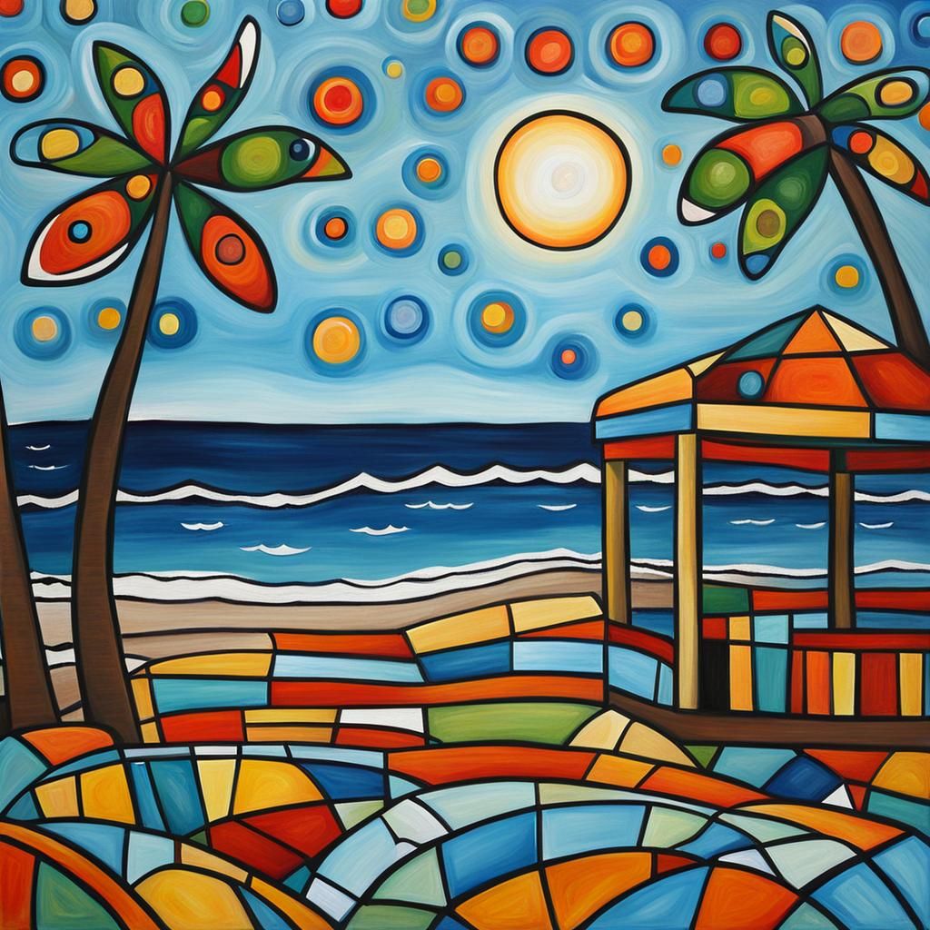 Colorful Beach Scene as Folk Art Painting