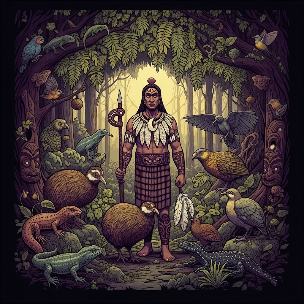 Maori God in New Zealand Forest in Dark Fantasy Style