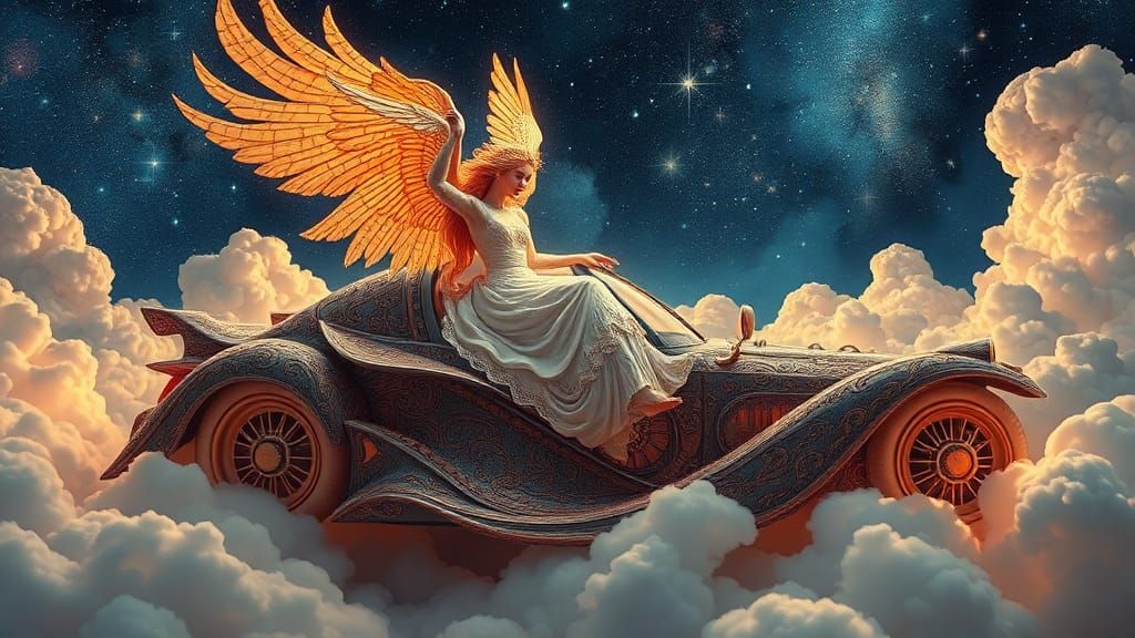 Celestial Woman in Starry Night Automobile, Surreal Art