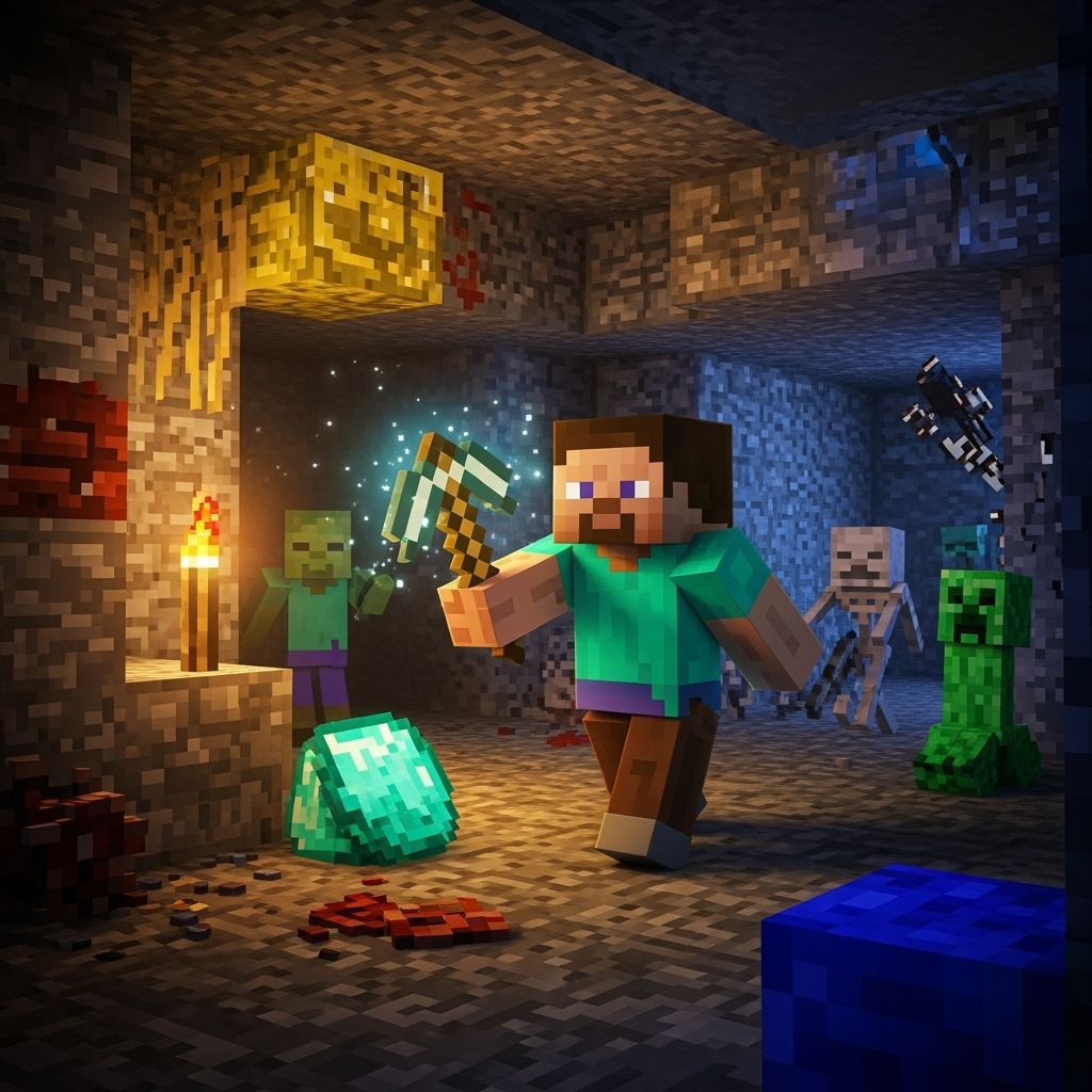 Minecraft Steve Mines Diamond Ore in Abandoned Mine