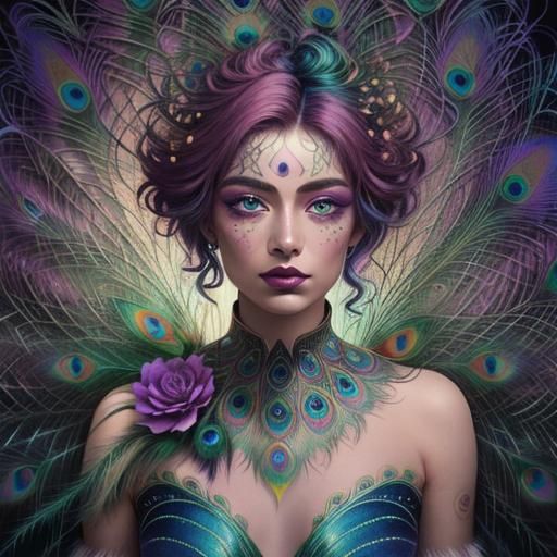 Rainbow Woman with Peacock Feathers in Surreal Style