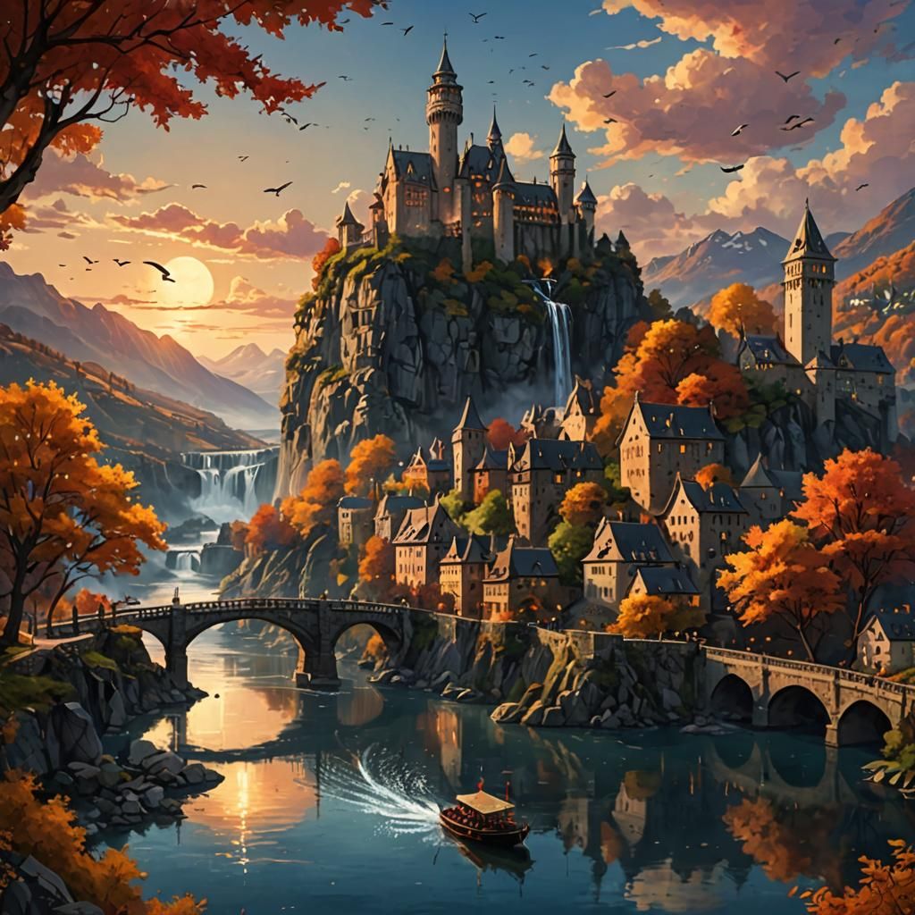 Fantasy Landscape with Sunset, Castle and Cityscape