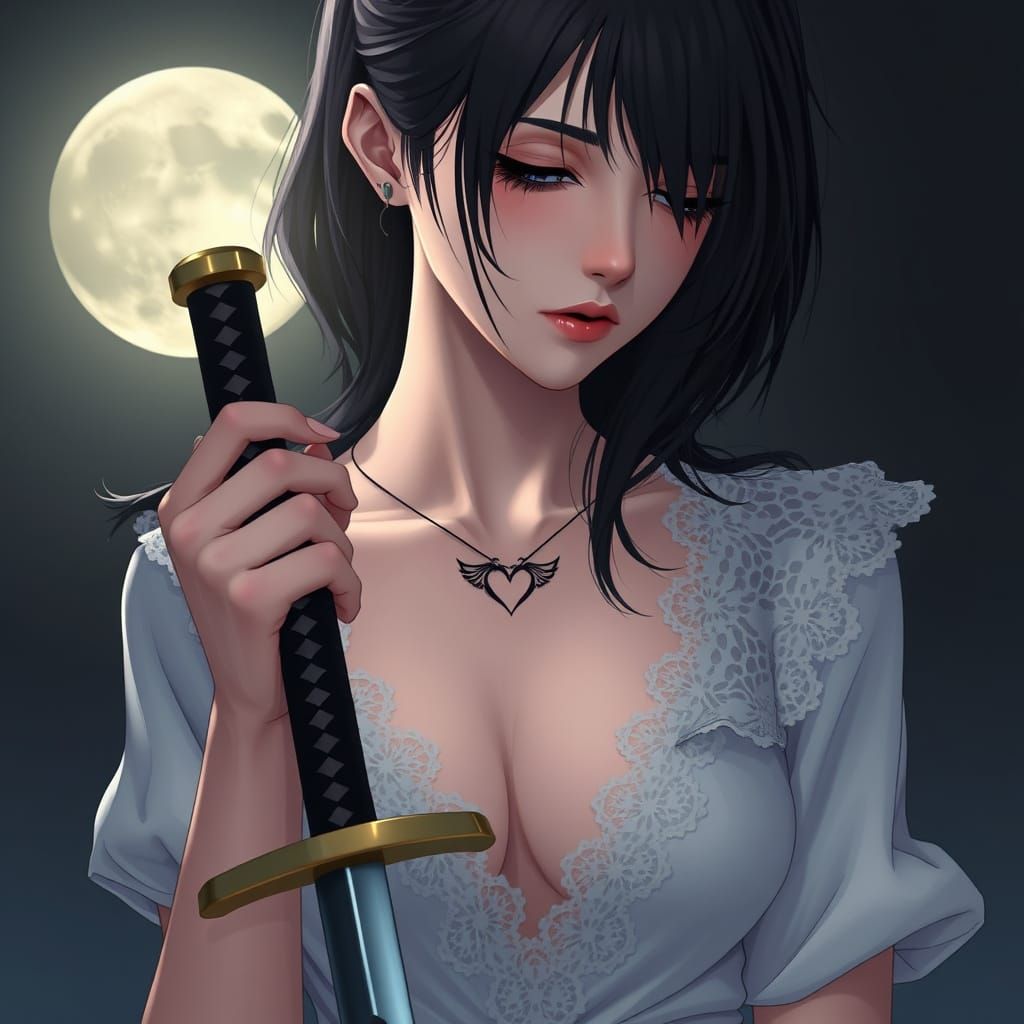 Surreal Emo Goddess Wields Sword, Heart with Wings Tattoo Ad...