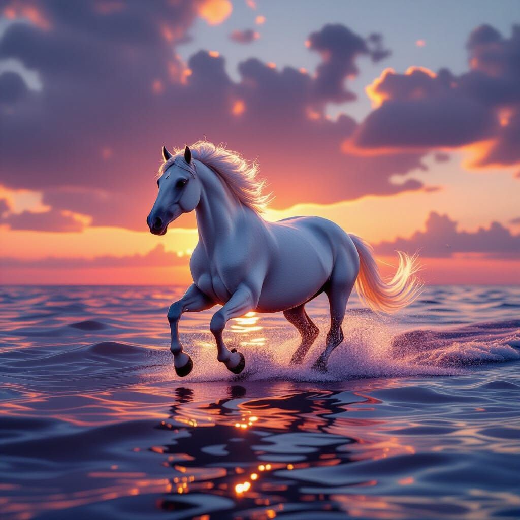 White Horse Gallops on Shimmering Sea at Sunset