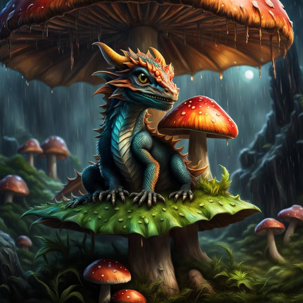 Baby Dragon Sheltering from Rain, Hyperrealistic Art