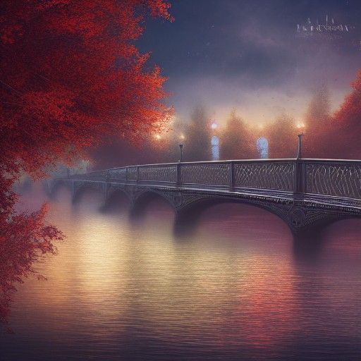 Autumnal Guitarist on River Footbridge: Digital Art