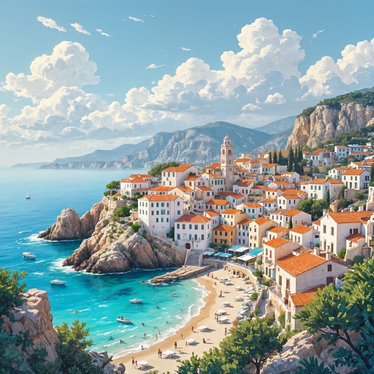 Mediterranean Coastal Village on Cliffs Above Turquoise Sea