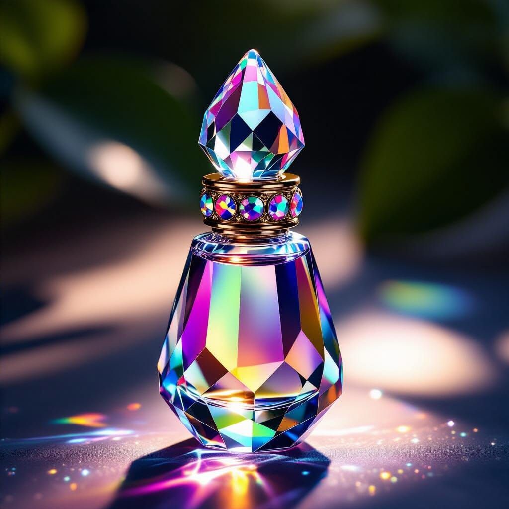 Faceted Crystal Vial With Iridescent Liquid