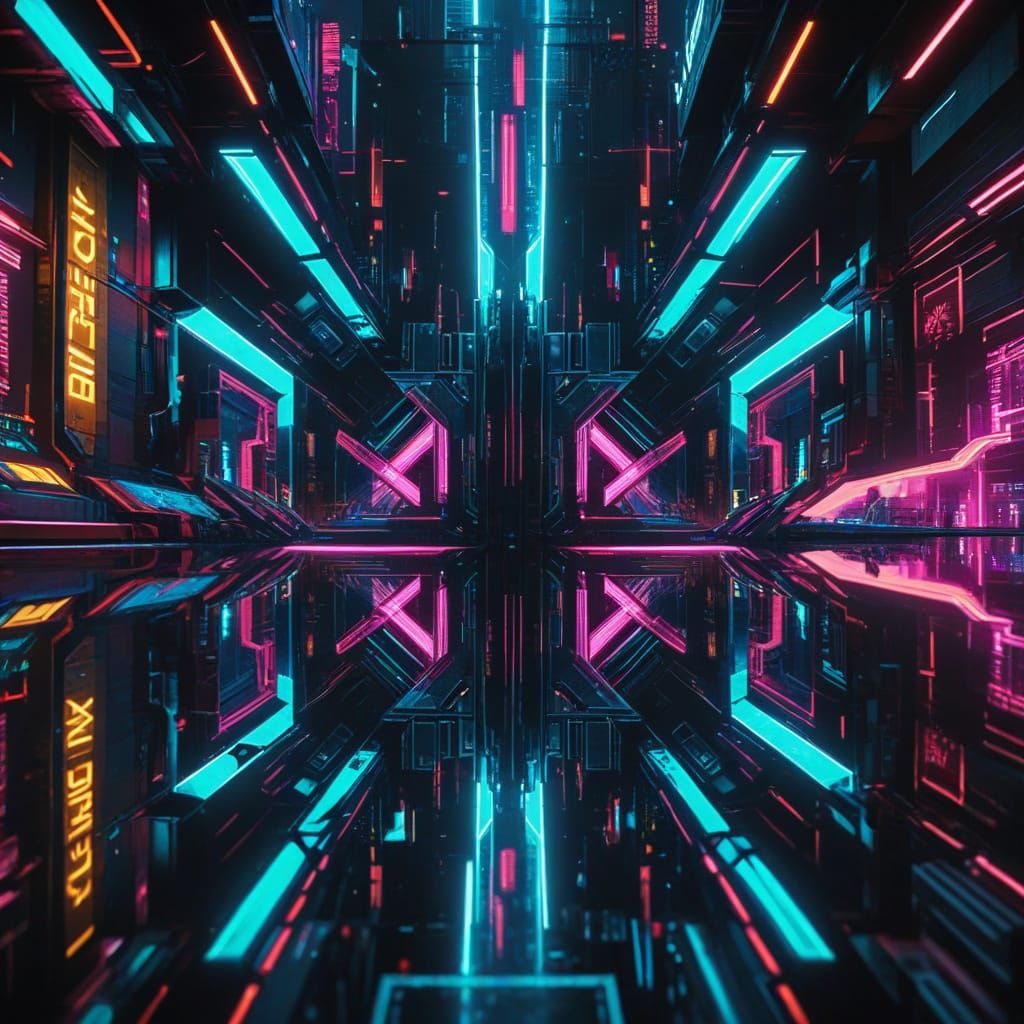 Cyberpunk Cityscape in Kaleidoscope with Mirrored Neon