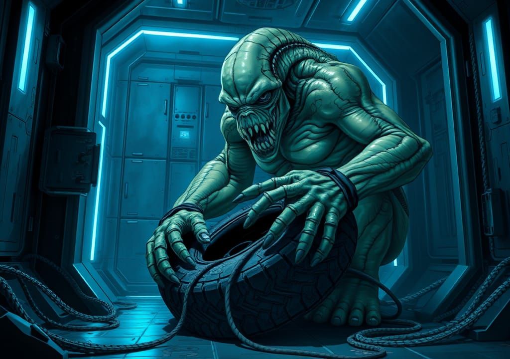 Grotesque Alien Caveman in Futuristic Lair